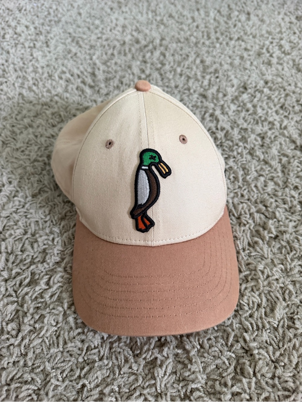 Cream and Tan Baseball Cap with Embroidered Duck Patch